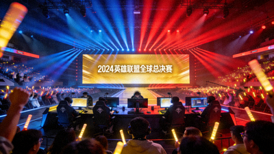 英雄联盟全球总决赛比赛现场盛况，舞台灯光璀璨